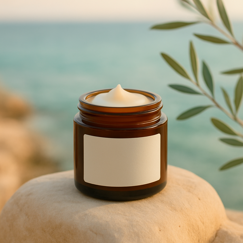 Jar of Maré natural cream-balm on limestone by the Mediterranean sea